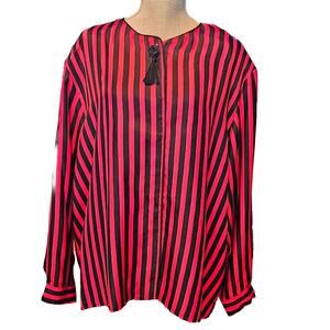 Jordan Silk Blouse 100% Woman Sz 24W Red Black Stripes Fly Front Covered Placket